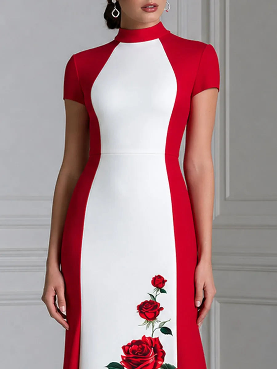 Stand Collar Color Block Red Rose Print Maxi Dress