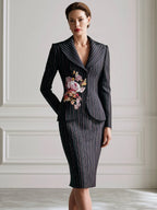 Floral Pinstripe Tailored Blazer And Pencil Skirt Set