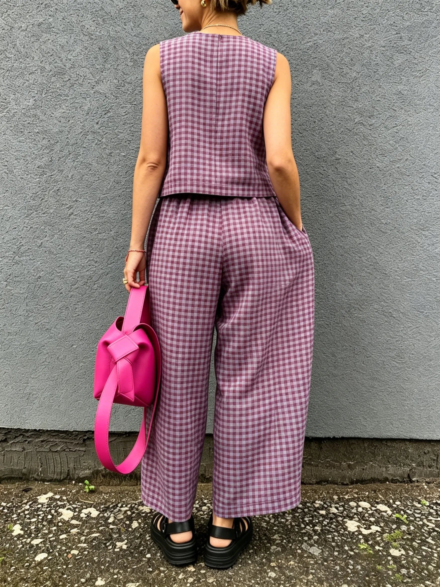 Retro Plaid Sleeveless Top& Wide-leg Pants Two-piece Set