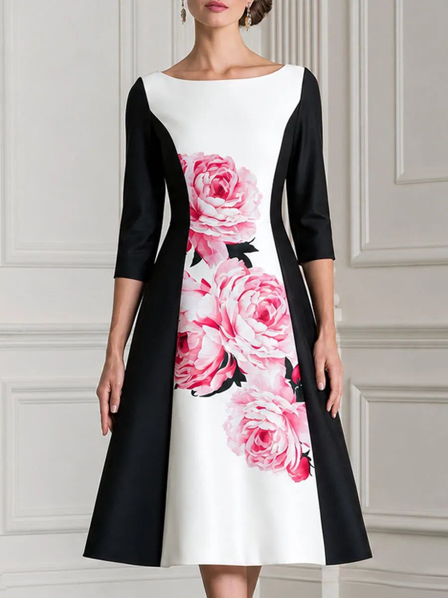 Pink Peony Print Boat Neck Color Block Satin Midi Dress