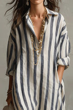 Casual Striped Shirt Bohemian Style Maxi Dress