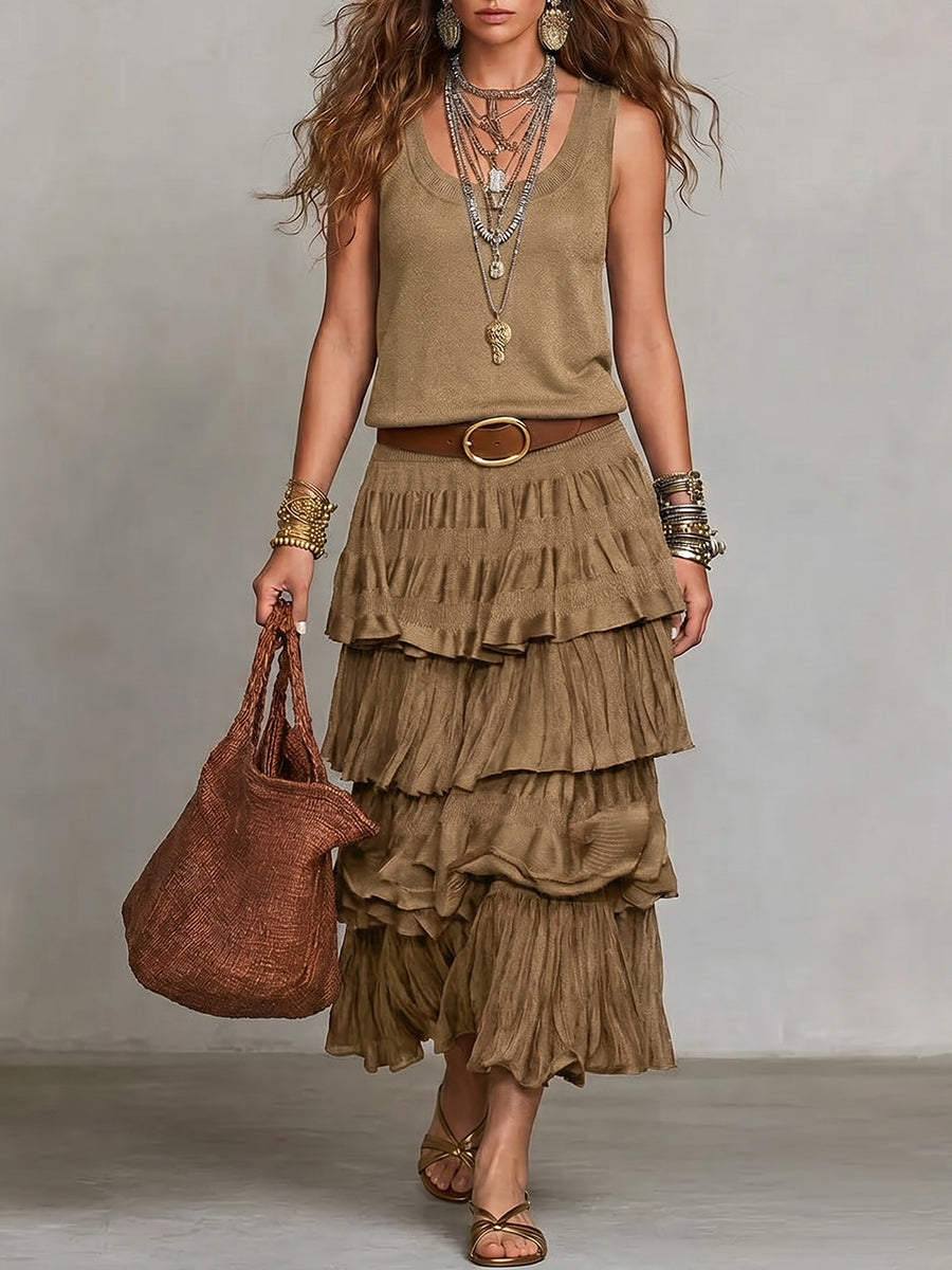 Women's Square-neck Sleeveless Multi-layered Ruffle Dress