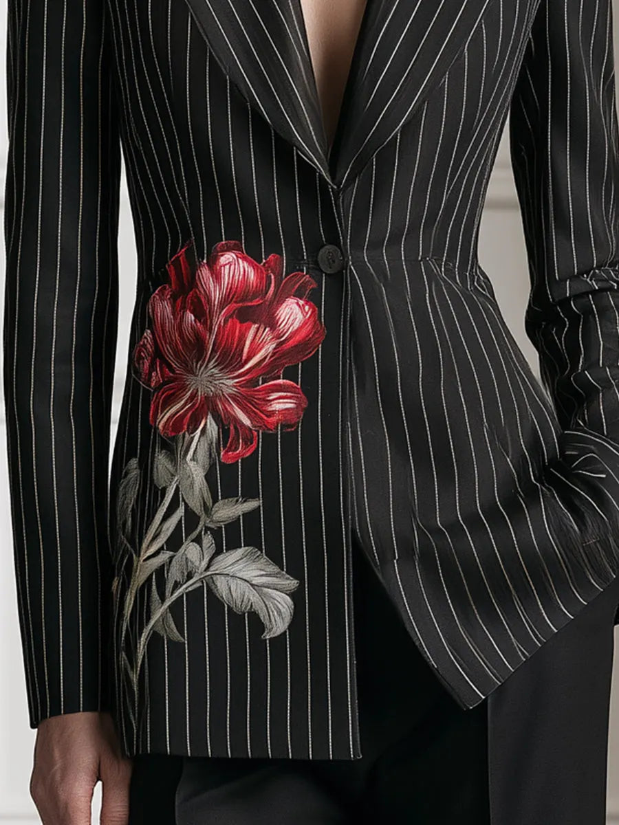 Floral Print Pinstripe Tailored Blazer