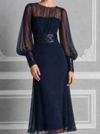 Navy Sheer Chiffon Bishop Sleeve Sequin Waist A-Line Midi Dress