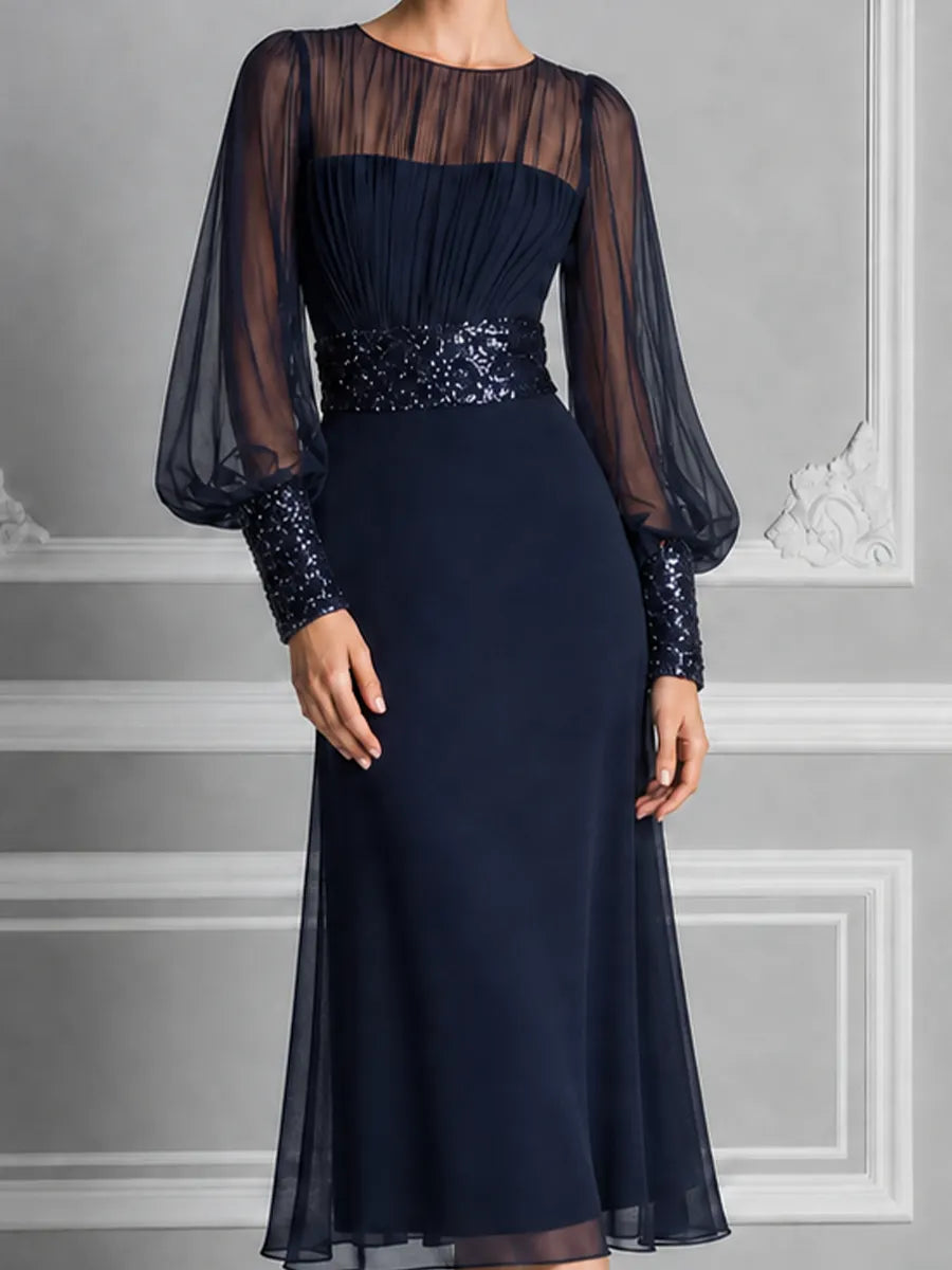 Navy Sheer Chiffon Bishop Sleeve Sequin Waist A-Line Midi Dress