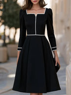 Contrast Trim Square Neck A-Line Midi Dress