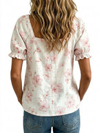 Women's Flower Print Square Neck Short Sleeve Shirt