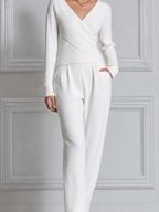 White Stockholm Style Ribbed Knit Wrap Top & Wide Leg Pants Set
