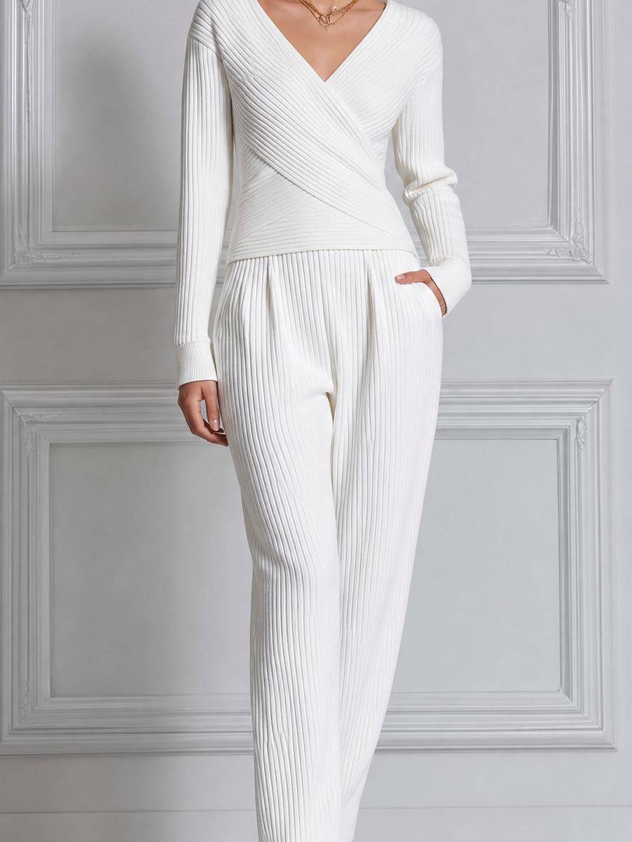 White Stockholm Style Ribbed Knit Wrap Top & Wide Leg Pants Set