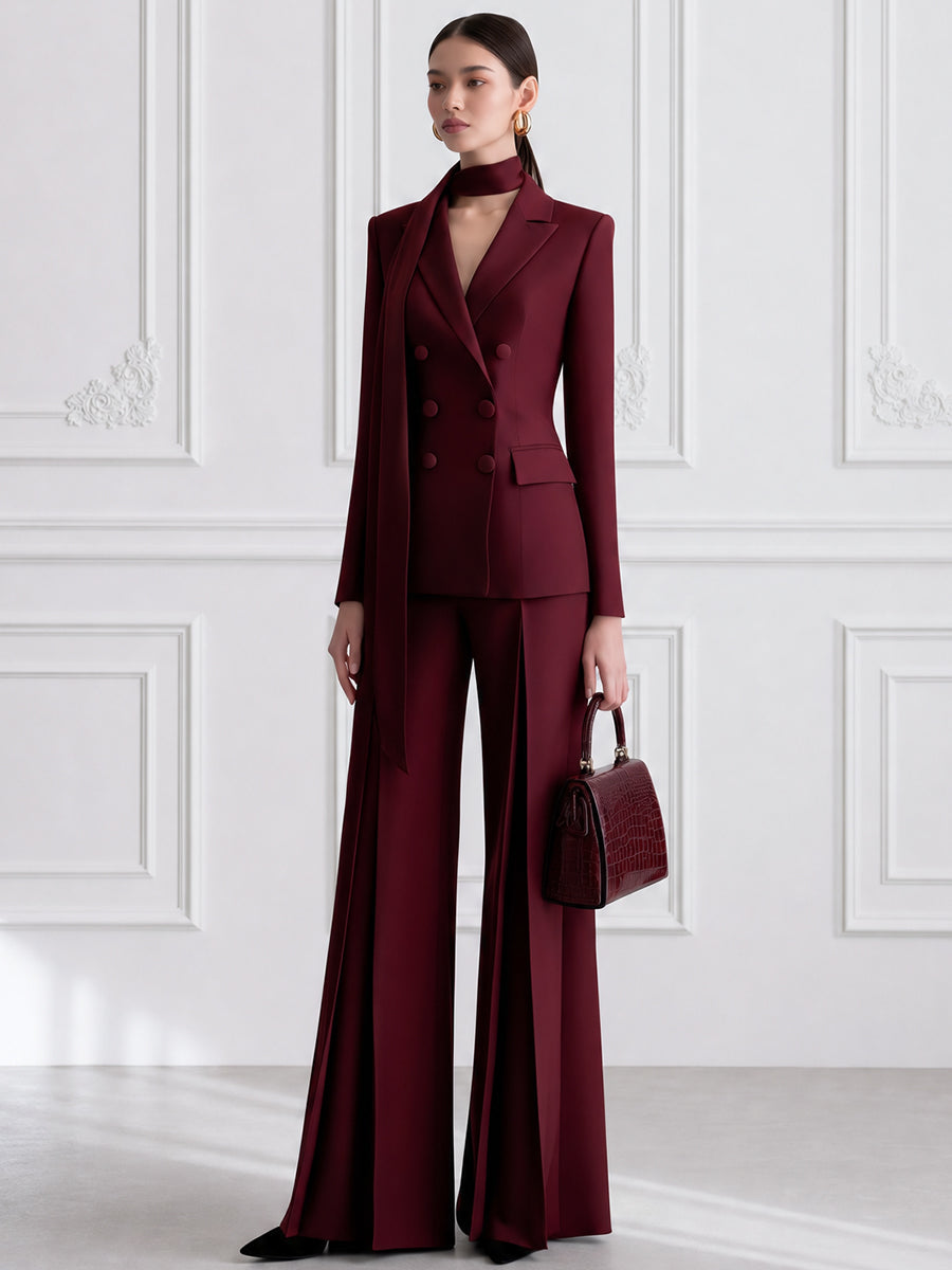 Burgundy Double-Breasted Blazer with Wide-Leg Trousers Suit Set