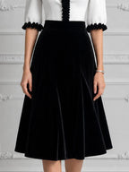 White Black Contrast Ruffle V Neck Velvet A-Line Midi Dress