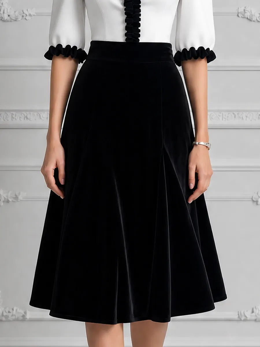 White Black Contrast Ruffle V Neck Velvet A-Line Midi Dress