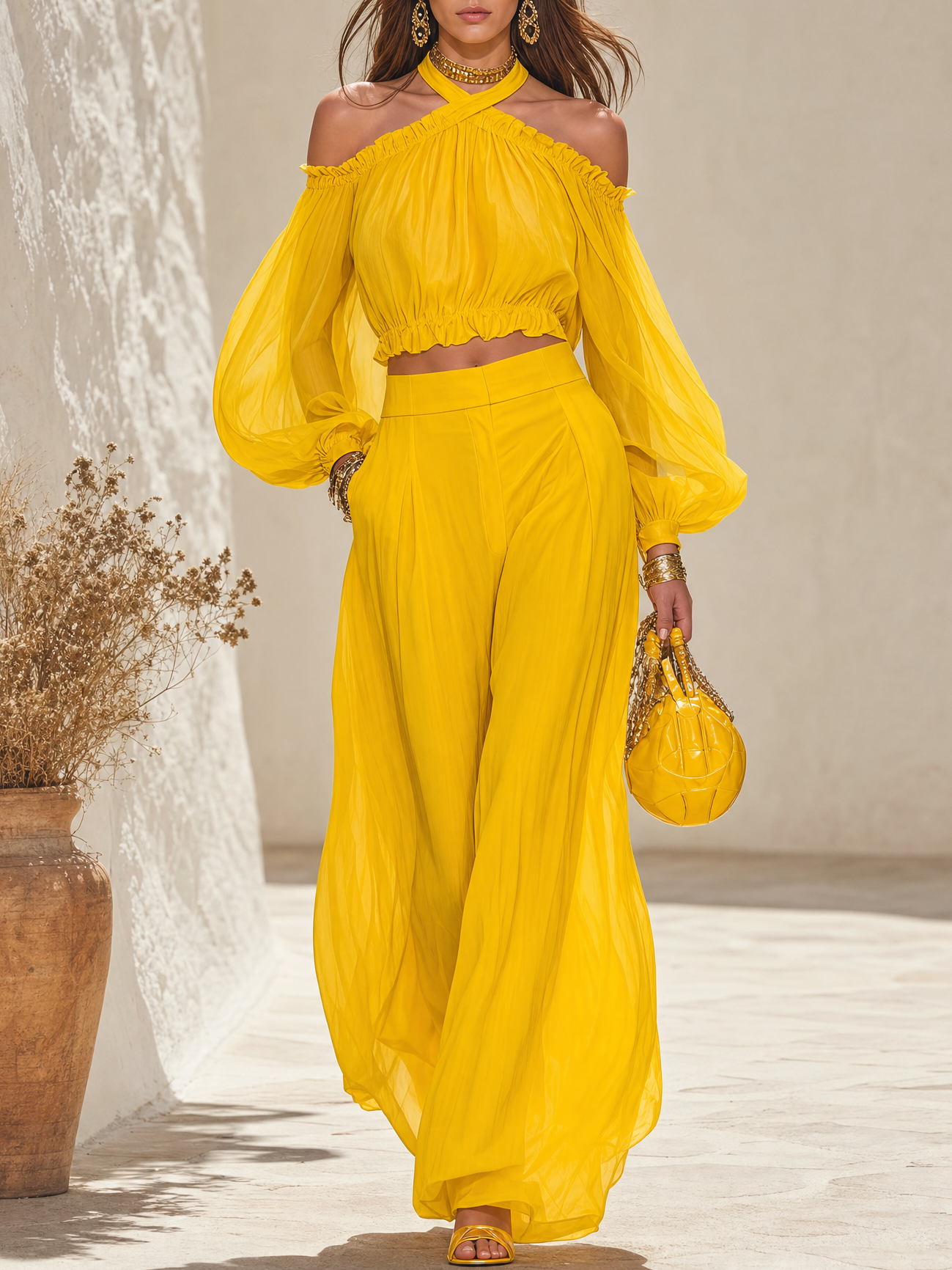 Elegant Urban Style Halter-neck Chiffon Top And Wide-leg Pants Set