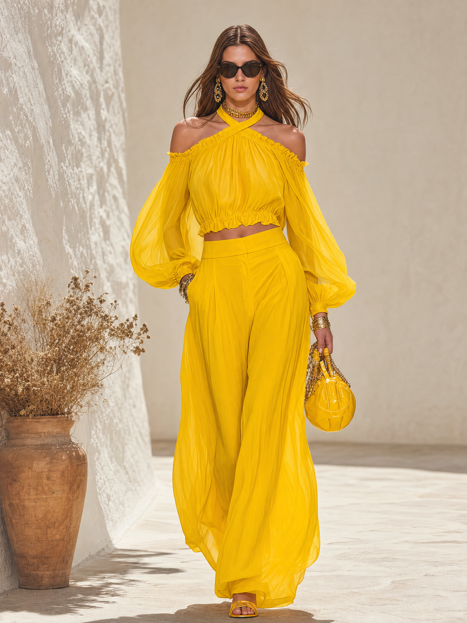 Elegant Urban Style Halter-neck Chiffon Top And Wide-leg Pants Set