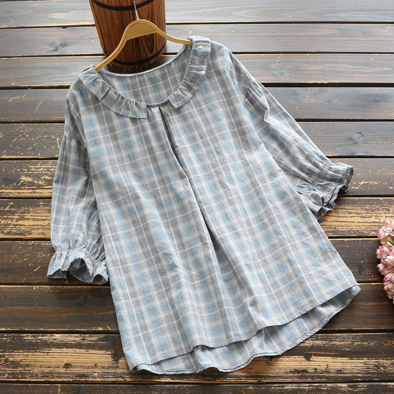 Vintage Flounce Plaid Cotton Linen Round Neck Comfy Shirt
