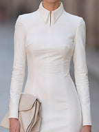 Ivory Tailored Stand Collar Pencil Midi Dress
