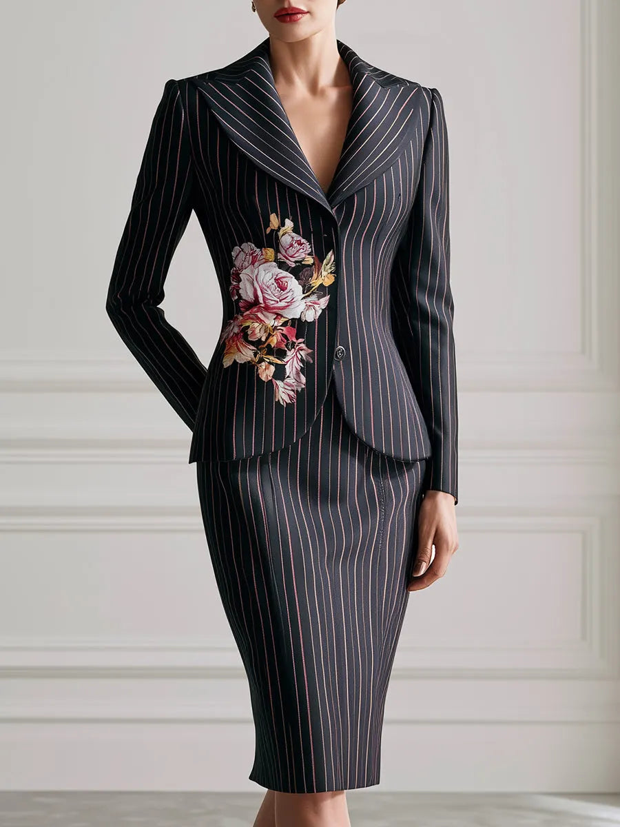 Floral Pinstripe Tailored Blazer And Pencil Skirt Set