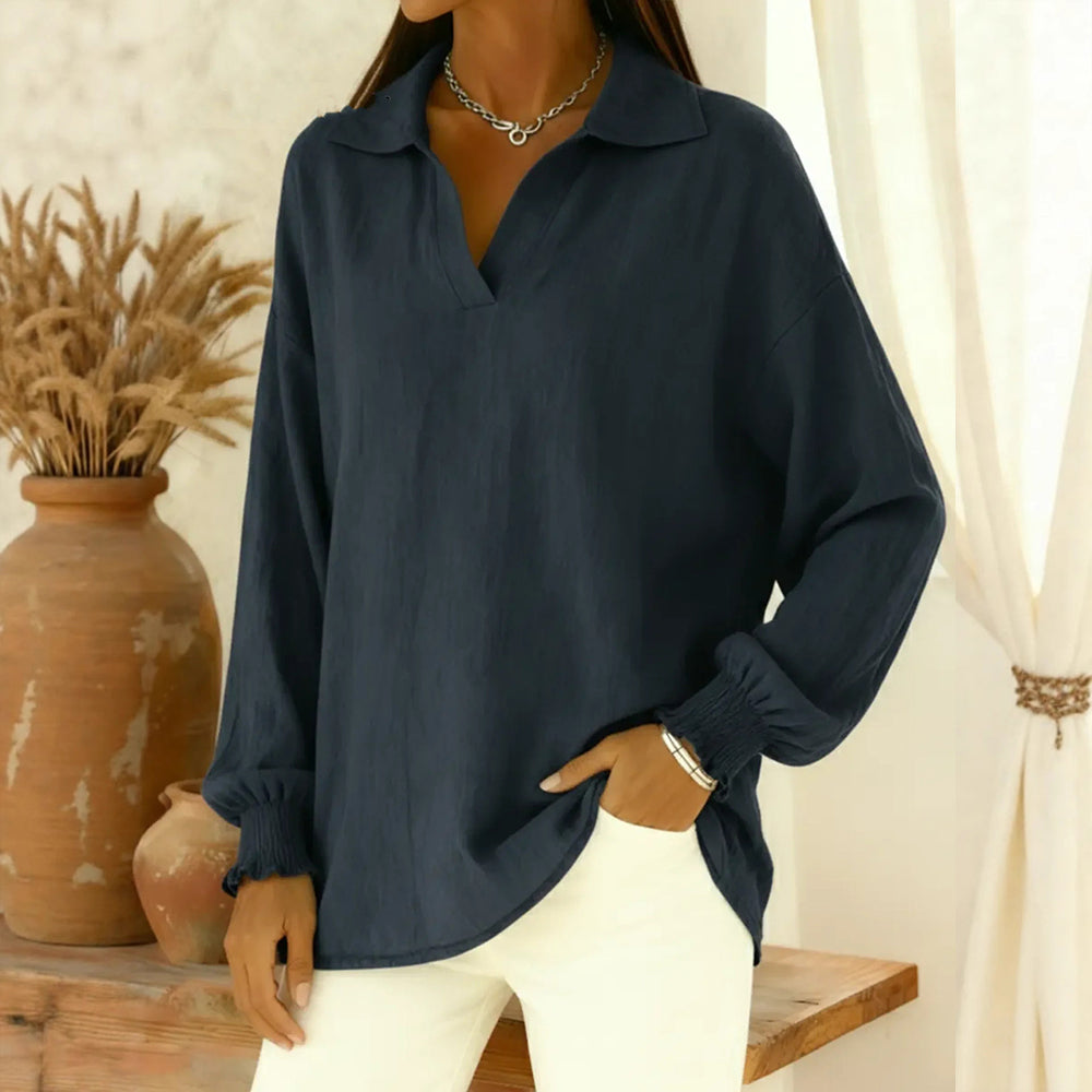 Casual Solid Color Lapel Collar Linen Tunic