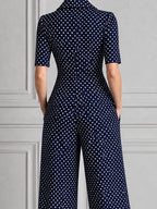 Navy Polka Dot Short Sleeve Blazer & Wide Leg Trousers Set