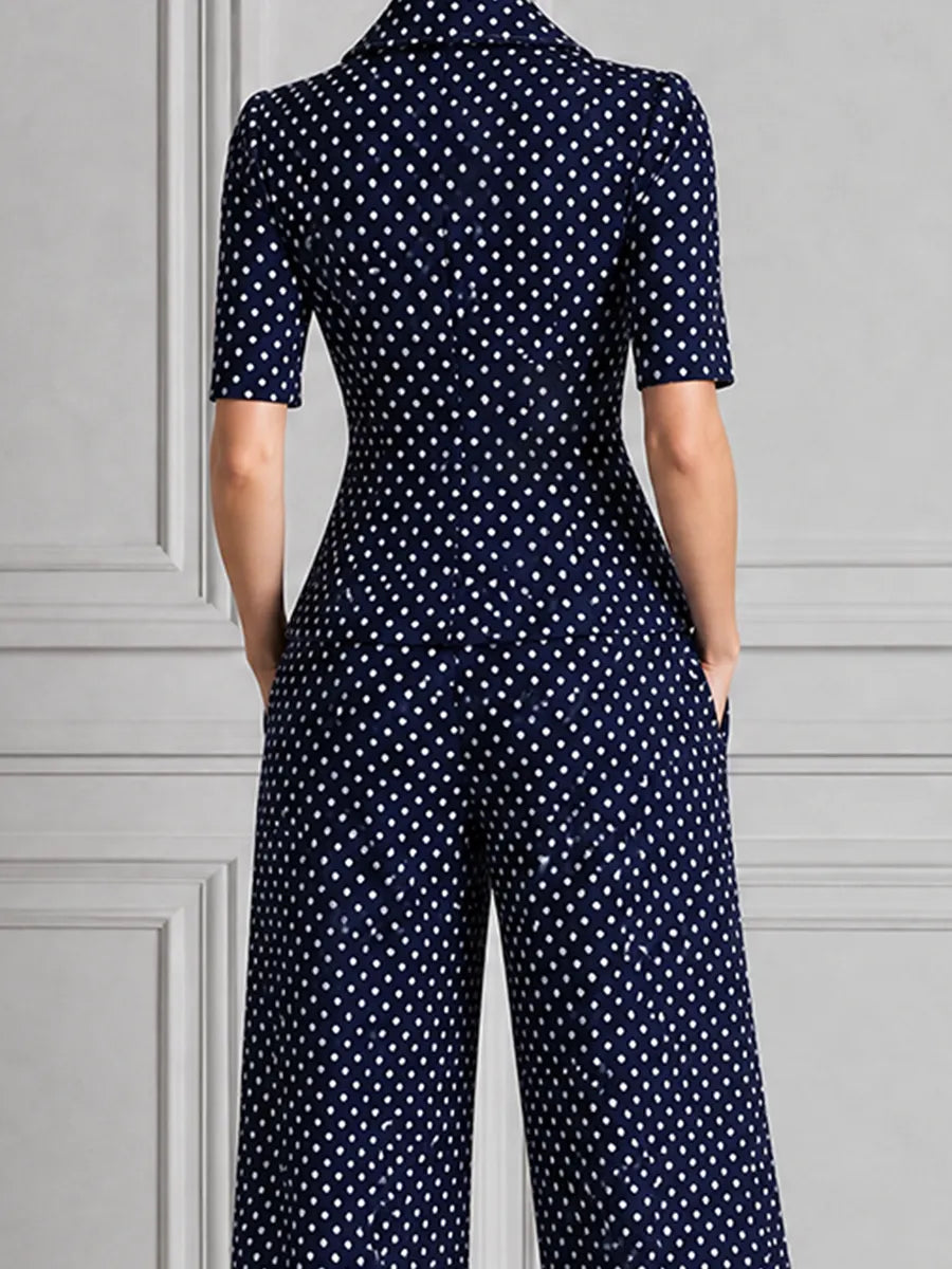 Navy Polka Dot Short Sleeve Blazer & Wide Leg Trousers Set