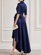 Satin Lapel-Collar Wrap High-Low Maxi Gown