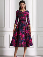 Rose Print Fit-and-Flare Midi Dress