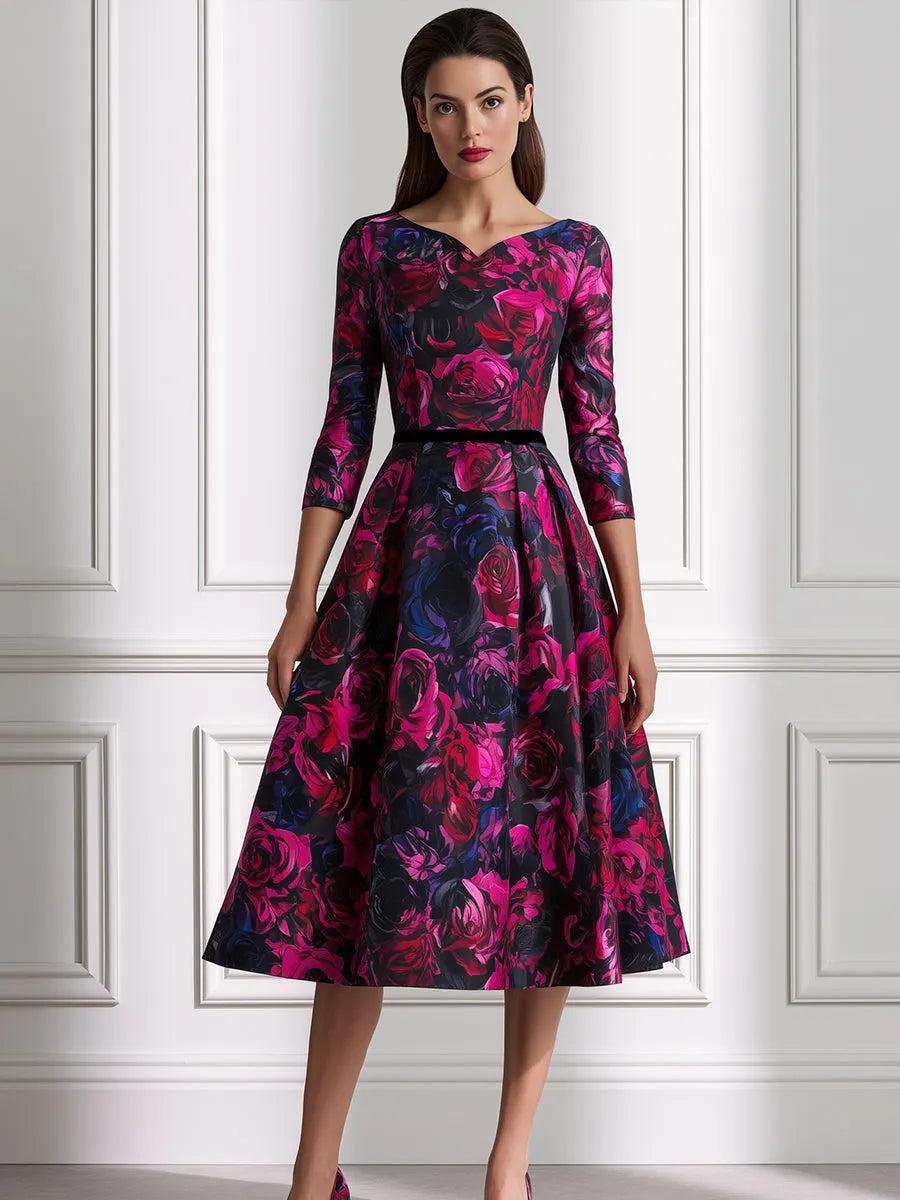 Rose Print Fit-and-Flare Midi Dress