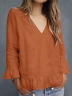 Women's Casual Ruffled V-neck Linen Blend Blouse