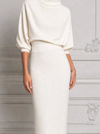 White Dress Stockholm Style Ribbed Knit Turtleneck Pencil Midi Dress
