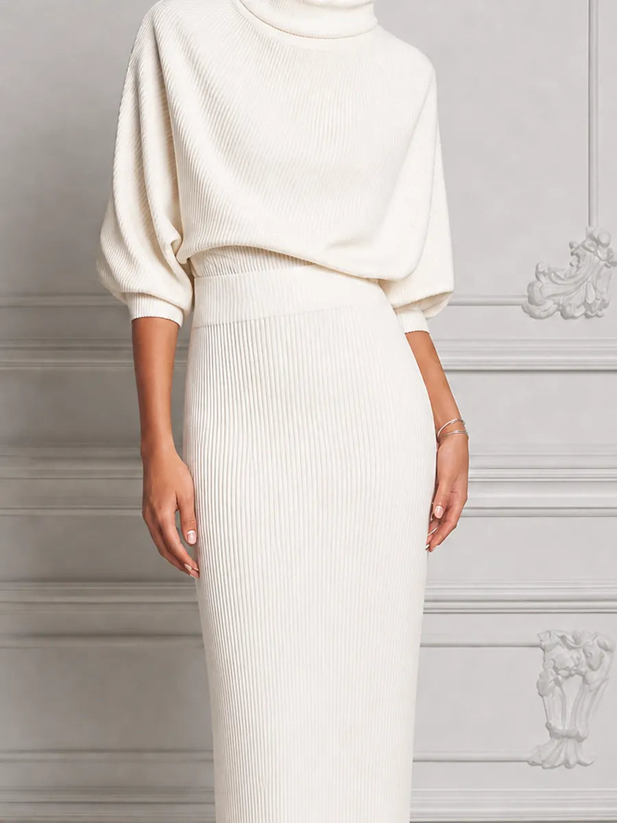 White Dress Stockholm Style Ribbed Knit Turtleneck Pencil Midi Dress