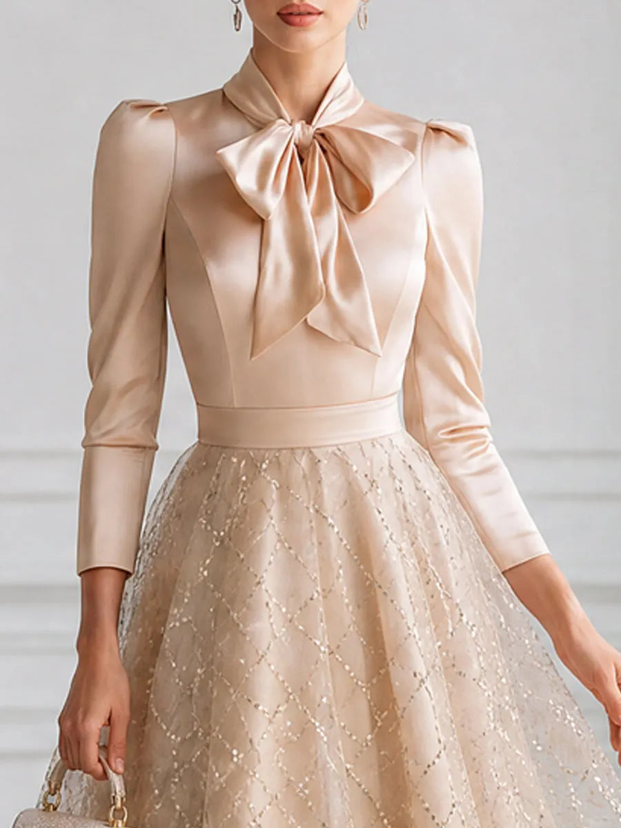 Elegant Bow-Neck Sequin Tulle A-Line Midi Dress