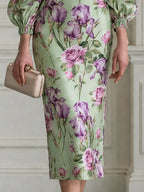 Vintage Rose Iris Floral Print Fitted Midi Dress