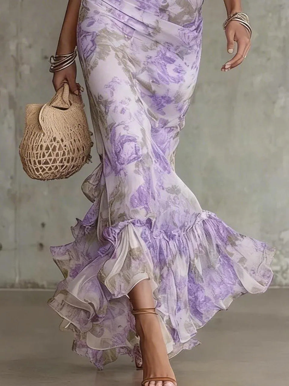 Purple Vintage Rose Print Long Dress with Puff Sleeves (Accessories Not Included)