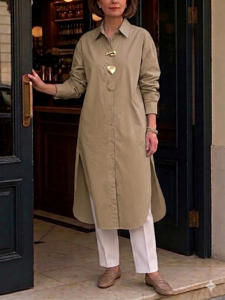 Casual Long-sleeve Cotton Long Shirt With Side Slits
