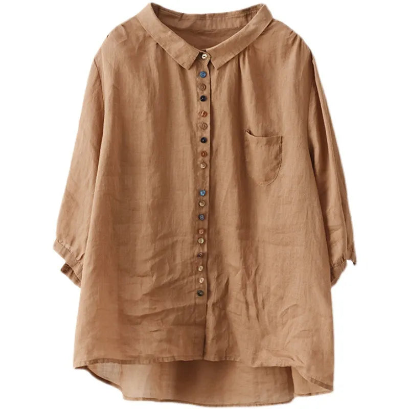 Vintage Colored Buttons Cotton Linen Solid Comfy Blouse