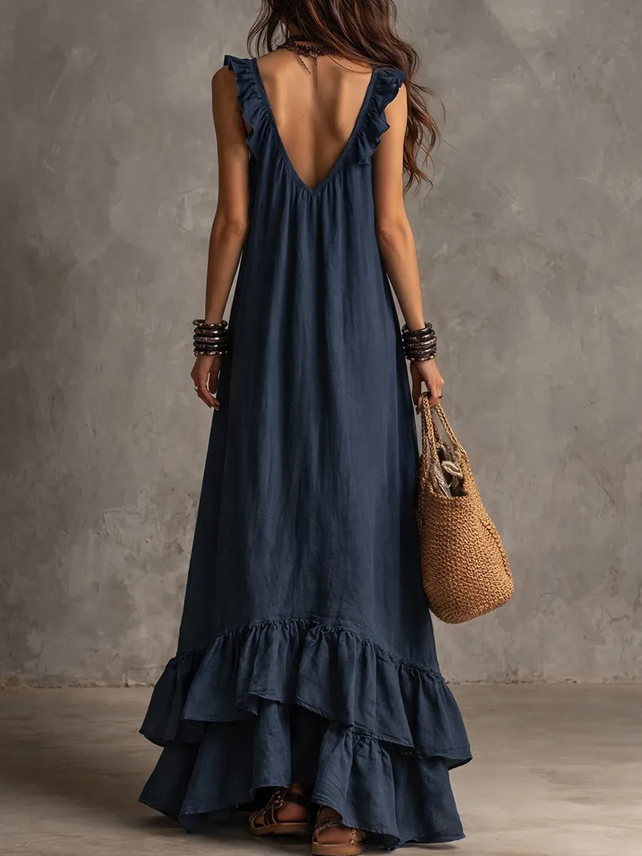 Elegant Bohemian V Neck Ruffle Maxi Dress In Deep Navy