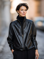 High-Neck Zip-Front Faux Leather Button Cuffs Jacket
