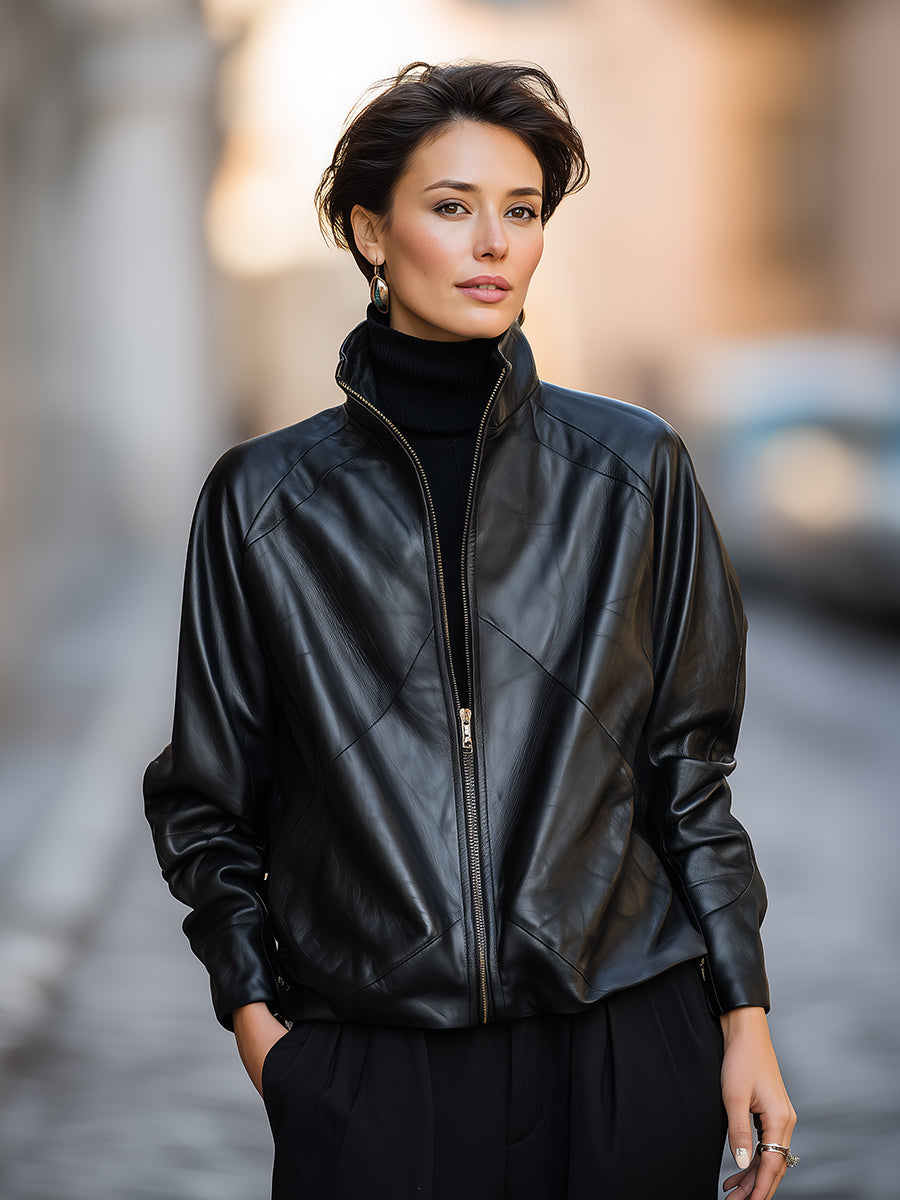 High-Neck Zip-Front Faux Leather Button Cuffs Jacket