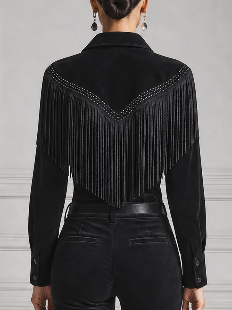 Black Studded Fringe Button Front Blouse