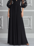 Black Embroidered Mesh Dress Fall Wedding Guest Dress Sheer Sleeve Maxi Dress