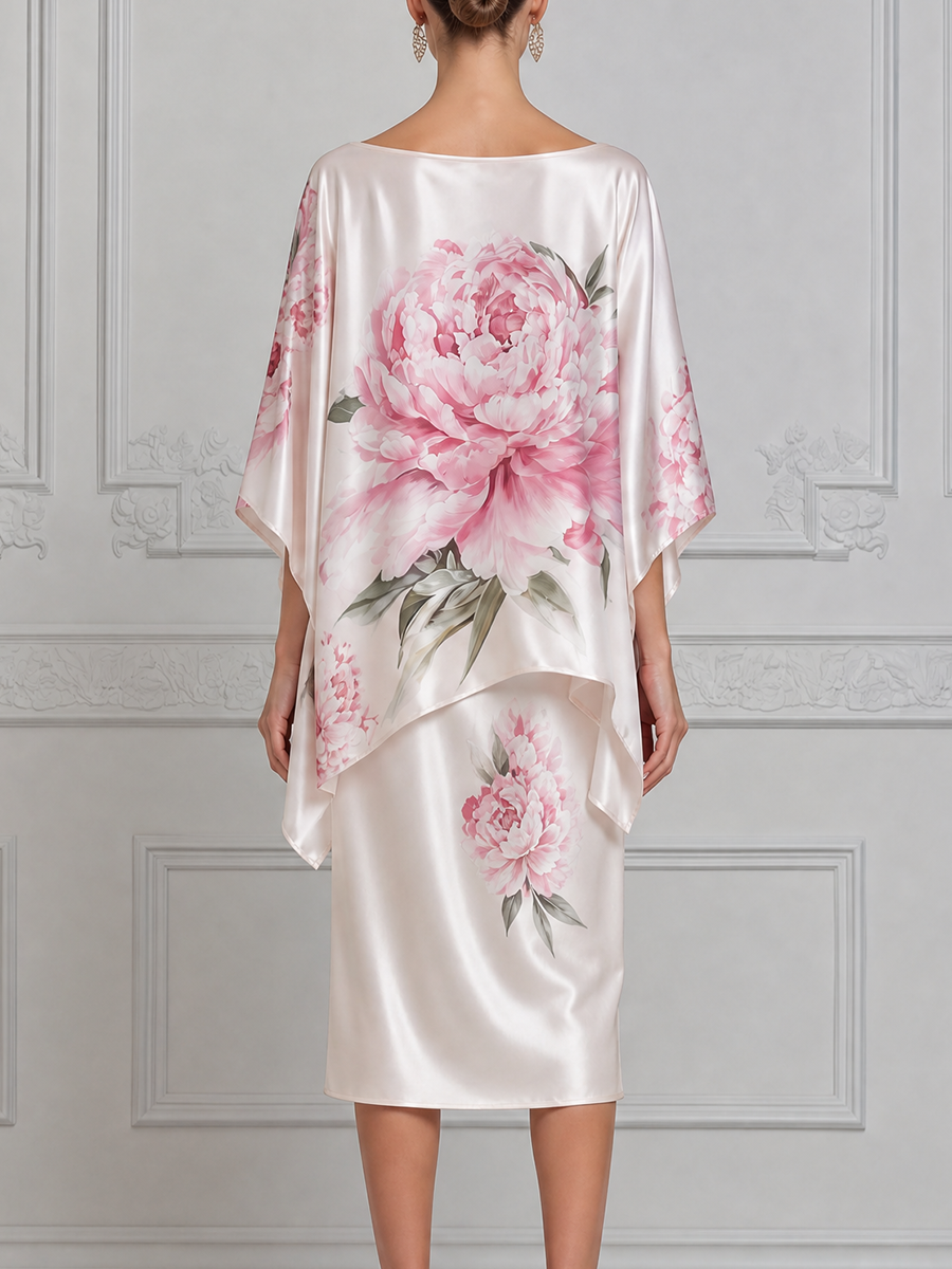 White Dress Pink Peony Satin Cape Overlay Pencil Midi Dress