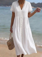 Women's Simple Lace-trim Cotton And Linen Dress