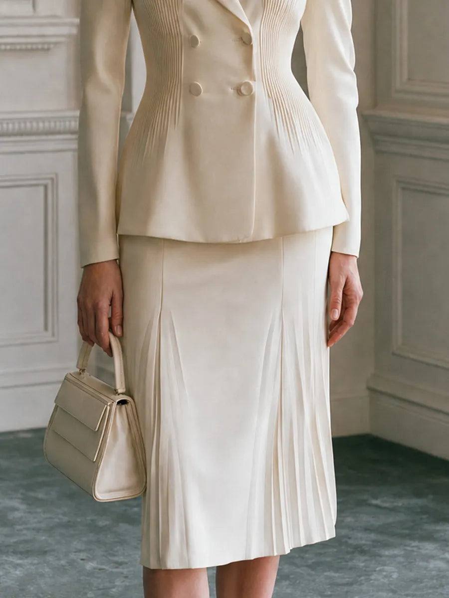 Peaked-Lapel Pintuck Blazer & Pleated Midi Skirt Set