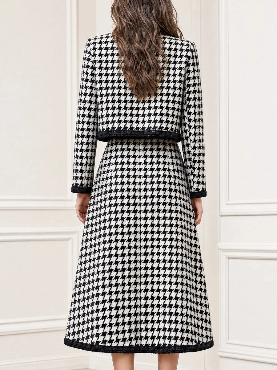 Houndstooth Tweed Crop Jacket & Midi Skirt Two Piece Set