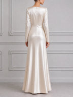 White Dress Satin Ruched Long Sleeve Maxi Dress