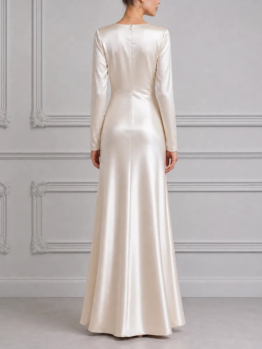 White Dress Satin Ruched Long Sleeve Maxi Dress