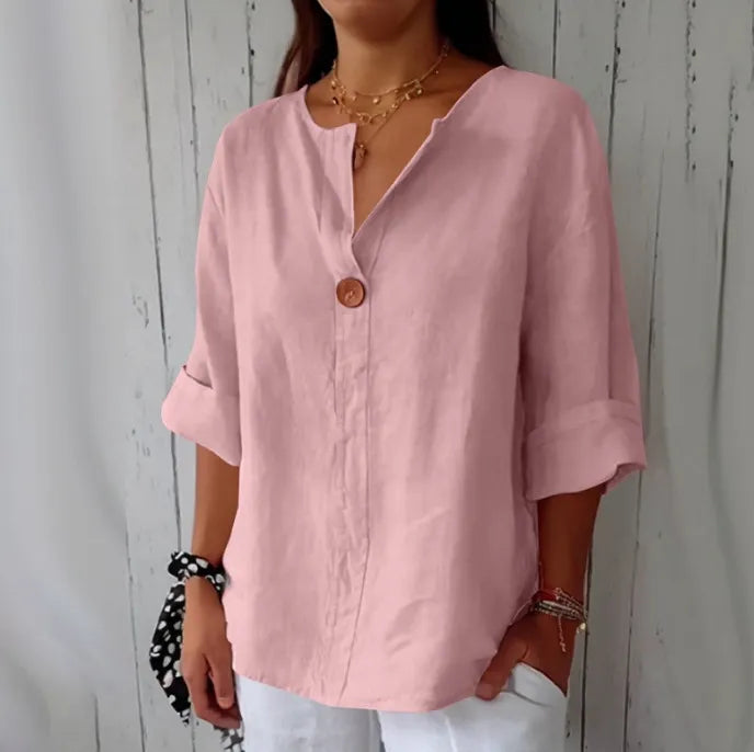 Solid Color Linen Blend Loose Blouse