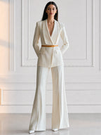 Belted Shawl Collar Blazer & Wide-Leg Flare Pants Suit Set