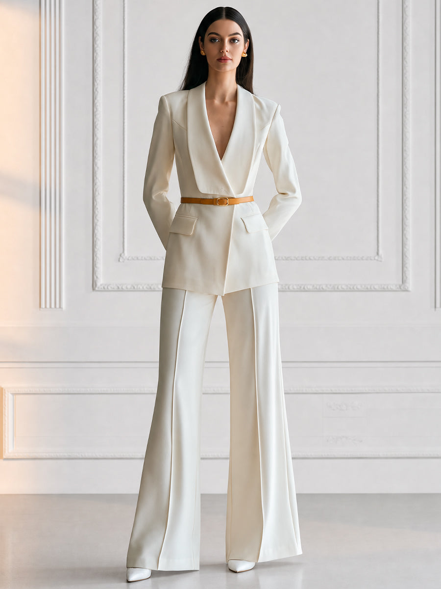 Belted Shawl Collar Blazer & Wide-Leg Flare Pants Suit Set