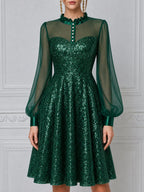 Emerald Green Sequin Sheer Puff Sleeve A-Line Mini Dress
